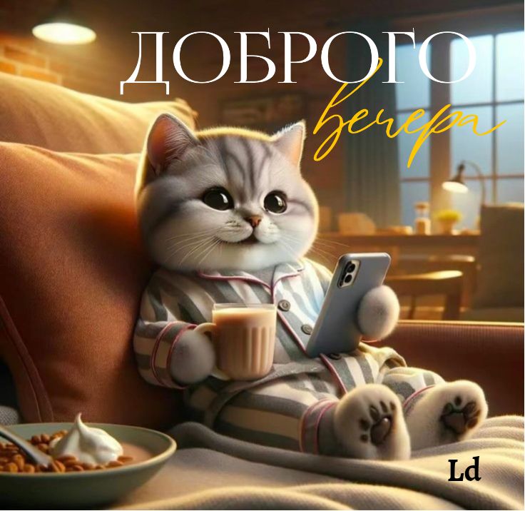 Открытка «Добрый вечер и пожелания»: Доброго вечера: уютный котик в пижаме с телефоном. Тэги: Прикольный добрый вечер…
