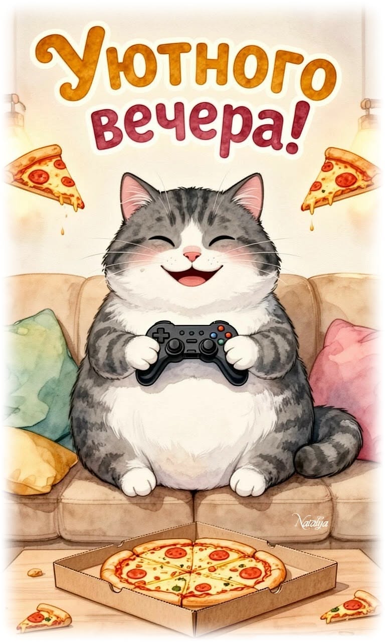 Открытка «Джойстик»: Добрый вечер: милый кот с пиццей и геймпадом. Тэги: геймпад, Добрый вечер и пожелания, Прикольны…