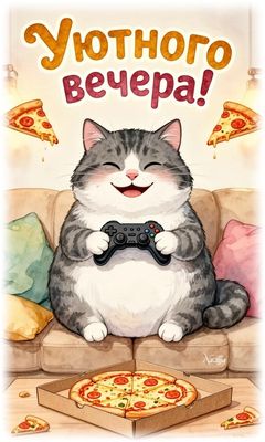 Открытка «Джойстик»: Добрый вечер: милый кот с пиццей и геймпадом. Тэги: геймпад, Добрый вечер и пожелания, Прикольны…