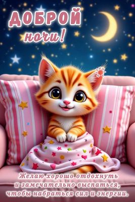 Открытка «Доброй ночи»: Доброй ночи: Милый рыжий котенок и звездное небо. Тэги: Спокойной ночи, Спокойной ночи…