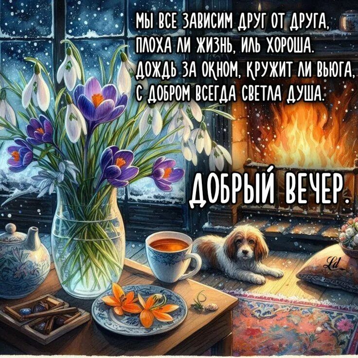 Открытка «Пожелание»: Добрый вечер: мудрое пожелание и уют у камина. Тэги: настроение, животное, чай, уют, мудрый…