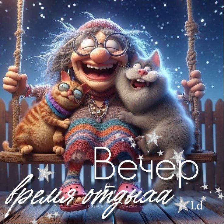 Открытка «Хорошего настроения»: Добрый вечер: забавная бабушка с котами на качелях. Тэги: пожелание, радость, смешной…