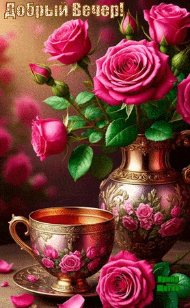 Открытка «Добрый вечер и пожелания»: Добрый вечер! Нежные розы и ароматный чай. Тэги: Добрый вечер красивые, Добрый в…