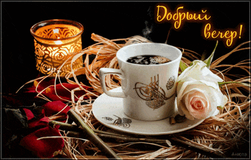 Открытка «Добрый вечер и пожелания»: Добрый вечер: чашка кофе и нежная роза. Тэги: Доброго вечера и хорошего настроен…