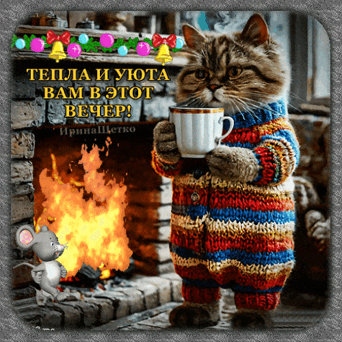 Открытка «Добрый вечер и пожелания»: Добрый вечер: милый кот в свитере у камина. Тэги: Доброго вечера и хорошего наст…