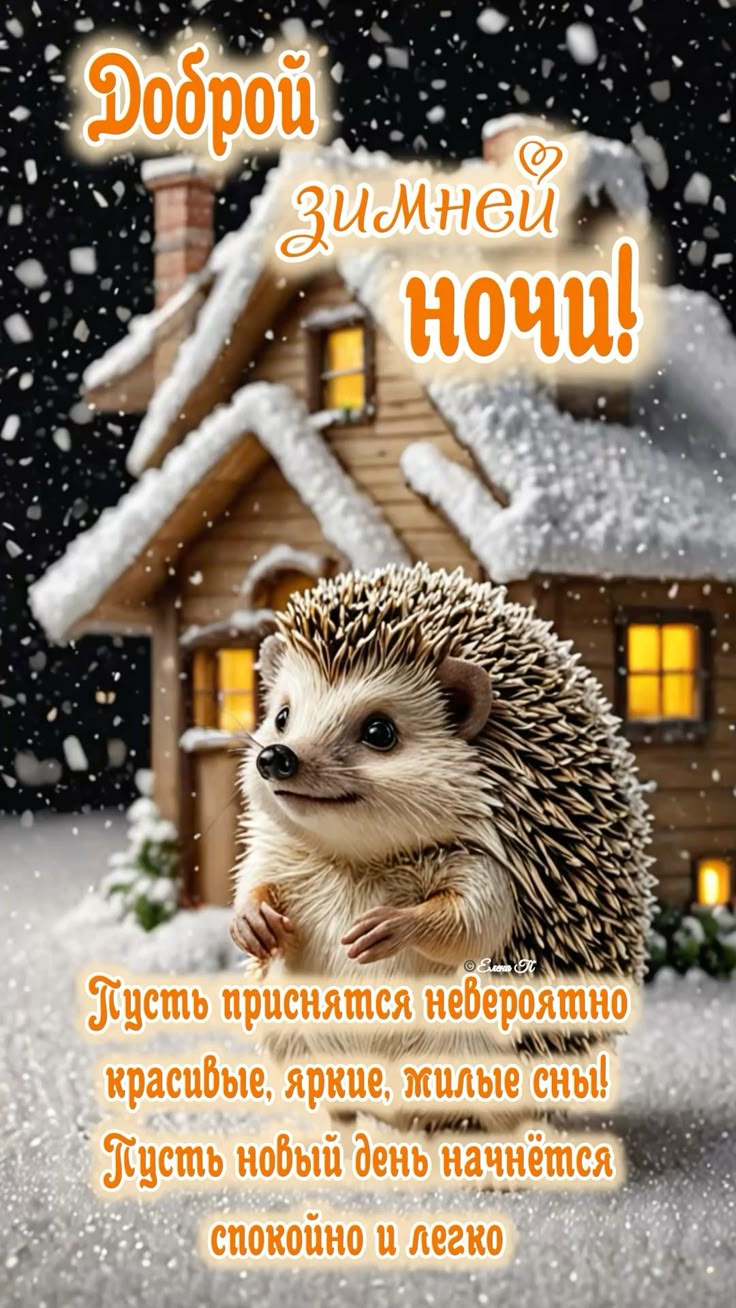 Открытка «Доброй ночи»: Доброй ночи: милый ежик в заснеженном лесу. Тэги: Спокойной ночи, Спокойной ночи, красивые…