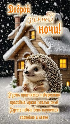 Открытка «Доброй ночи»: Доброй ночи: милый ежик в заснеженном лесу. Тэги: Спокойной ночи, Спокойной ночи, красивые…