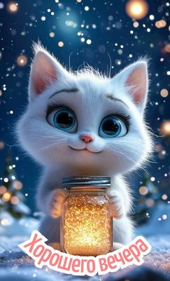 Открытка «Добрый вечер и пожелания»: Добрый вечер: милый котик с волшебной банкой. Тэги: Добрый зимний вечер, Добрый…