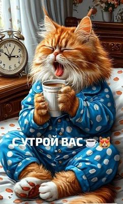 Открытка «С добрым утром»: С добрым утром: прикольный рыжий кот в пижаме. Тэги: Для поднятия настроения, С добрым утр…
