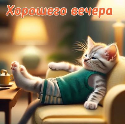 Открытка «Хорошего настроения»: Добрый вечер: милый кот желает хорошего вечера. Тэги: пожелание, забавный, кот, милый…