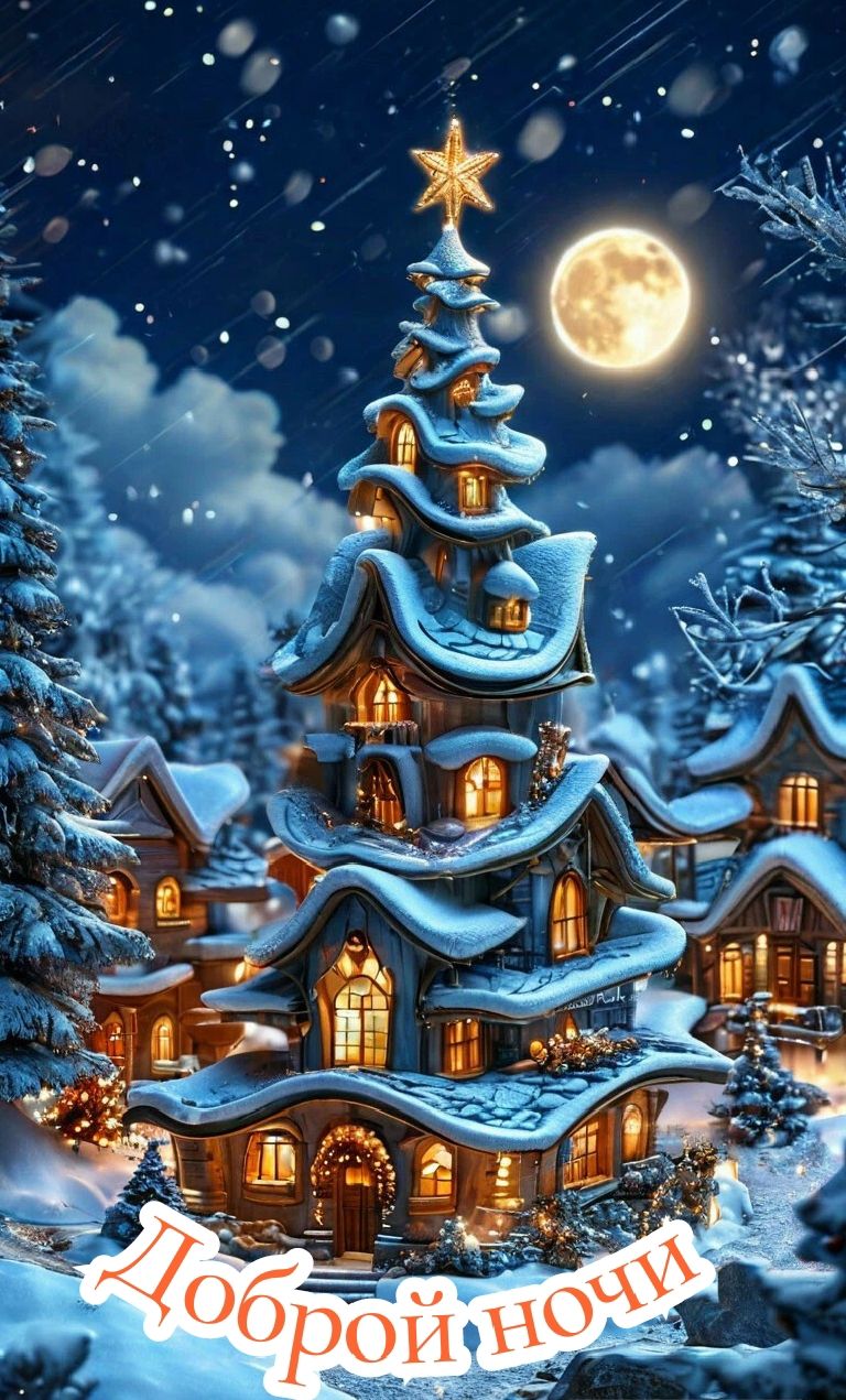 Открытка «Доброй ночи»: Доброй ночи: Волшебный зимний дом под луной.