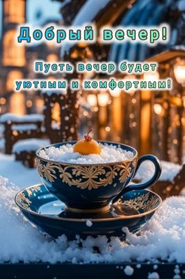 Открытка «Комфортный»: Добрый вечер: уютная чашка и снежный пейзаж. Тэги: Добрый вечер и пожелания, Добрый зимний веч…