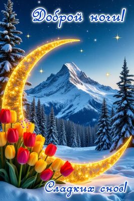 Открытка «Доброй ночи»: Доброй ночи: «Зимний пейзаж с тюльпанами». Тэги: Спокойной ночи, Спокойной ночи, красивые…