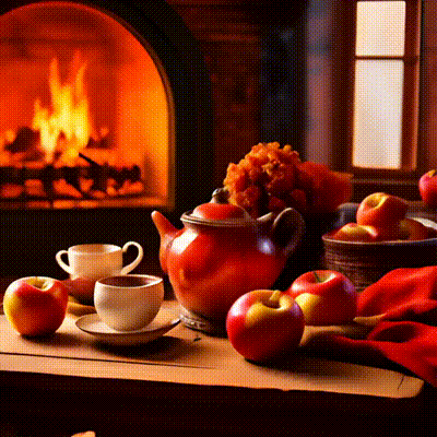 Открытка «Добрый вечер и пожелания»: Добрый вечер у камина: уютное чаепитие с яблоками. Тэги: Доброго вечера и хороше…