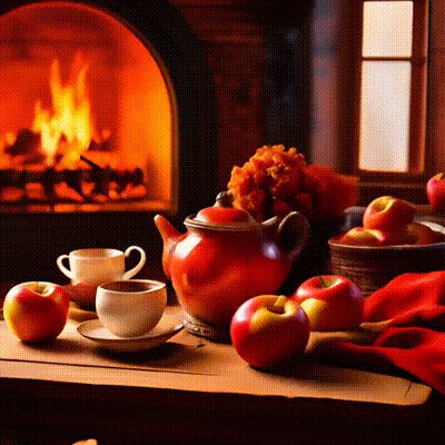 Открытка «Добрый вечер и пожелания»: Добрый вечер у камина: уютное чаепитие с яблоками. Тэги: Доброго вечера и хороше…