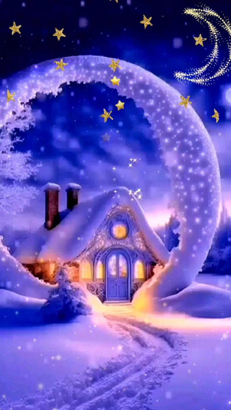 Открытка «Доброй ночи»: Доброй ночи: «Зимняя сказка и уютный домик». Тэги: Спокойной ночи, Спокойной ночи, красивые…