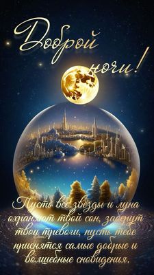 Открытка «Доброй ночи»: Доброй ночи: Волшебный город в стеклянном шаре. Тэги: Спокойной ночи, Спокойной ночи, красивые…