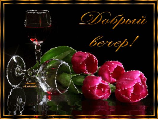 Открытка «Добрый вечер и пожелания»: Добрый вечер: стильная открытка с тюльпанами и вином. Тэги: Добрый вечер красивые…