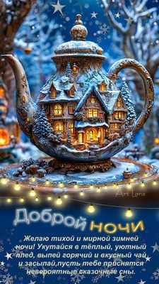 Открытка «Доброй ночи»: Доброй ночи: «Зимняя сказка в чайнике». Тэги: Спокойной ночи, Спокойной ночи, красивые…