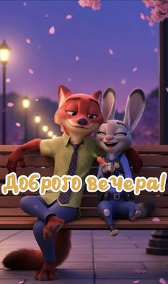 Открытка «Добрый вечер и пожелания»: Добрый вечер: милая открытка с героями Зверополиса. Тэги: Добрый позитивный вечер…
