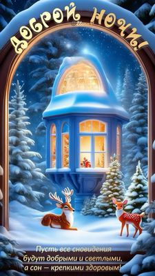 Открытка «Доброй ночи»: Доброй ночи: зимняя сказка с оленями. Тэги: Спокойной ночи, Спокойной ночи, красивые, Спокойн…
