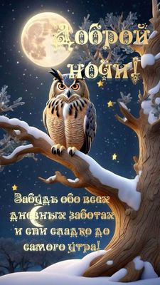 Открытка «Доброй ночи»: Доброй ночи: мудрая сова под полной луной.