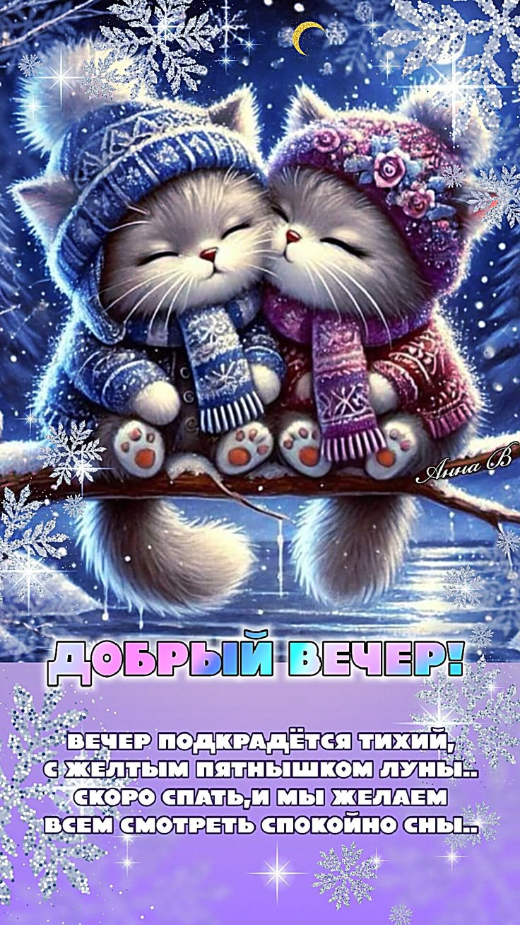 Открытка «Добрый вечер и пожелания»: Добрый вечер: милые котята в зимнем лесу. Тэги: Добрый зимний вечер, Доброго веч…