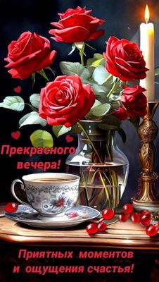 Открытка «Добрый вечер и пожелания»: Добрый вечер: «Прекрасного вечера и ощущения счастья». Тэги: Добрый вечер красив…