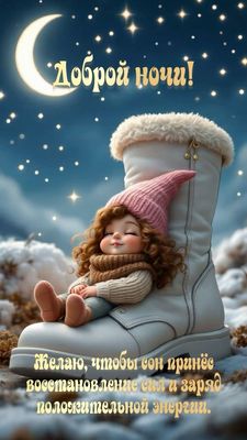 Открытка «Доброй ночи»: Доброй ночи: Девочка в сапоге под звездным небом. Тэги: Спокойной ночи, Спокойной ночи…