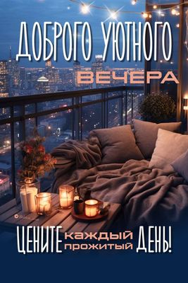 Открытка «Пожелание»: Добрый вечер: уютная терраса с видом на город. Тэги: настроение, надпись, хороший, теплый…