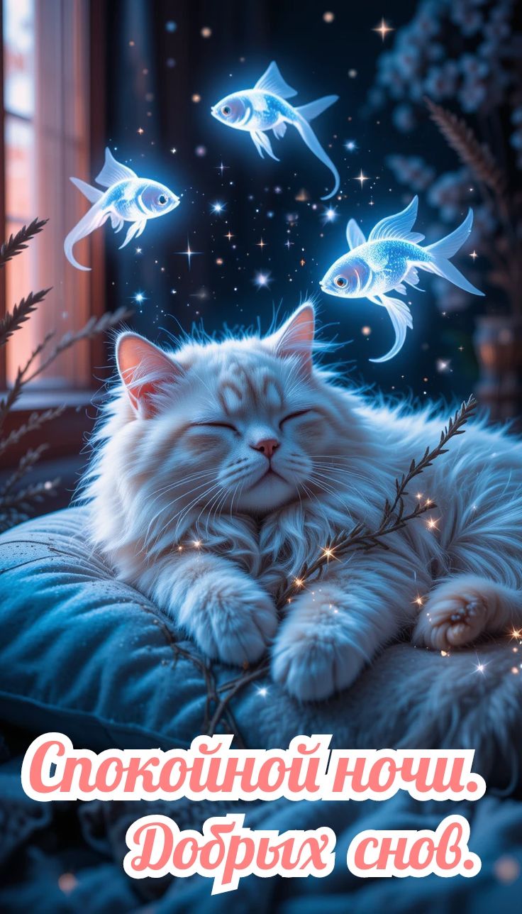 Открытка «Доброй ночи»: Спокойной ночи: Волшебный кот и светящиеся рыбки. Тэги: Спокойной ночи, Спокойной ночи…