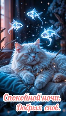 Открытка «Доброй ночи»: Спокойной ночи: Волшебный кот и светящиеся рыбки. Тэги: Спокойной ночи, Спокойной ночи…
