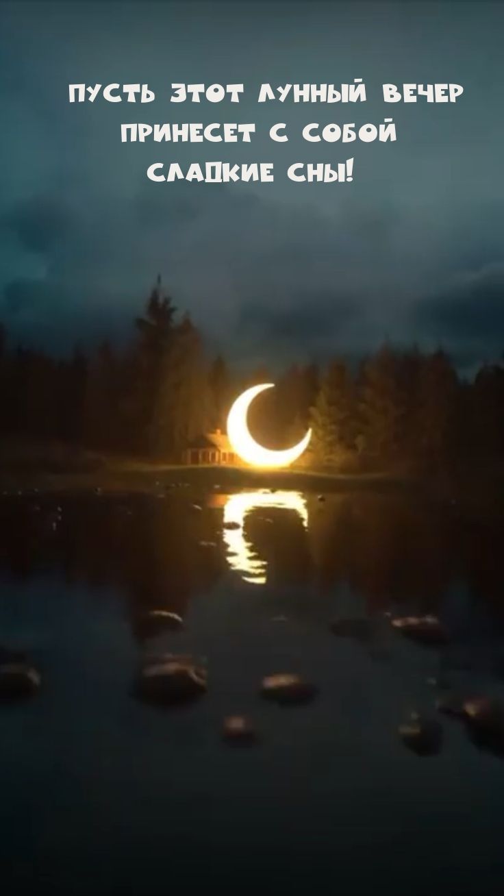 Открытка «Спокойной ночи»: Добрый вечер и сладкие сны: лунный пейзаж. Тэги: Добрый вечер и пожелания, Добрый вечер кр…