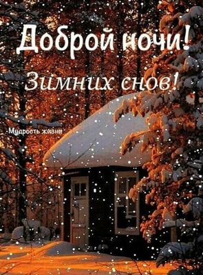 Открытка «Доброй ночи»: Доброй ночи и зимних снов: открытка с домиком в лесу. Тэги: Спокойной ночи, Спокойной ночи…
