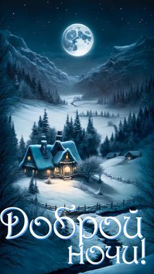 Открытка «Доброй ночи»: Доброй ночи: Снежный пейзаж и полная луна. Тэги: Спокойной ночи, Спокойной ночи, красивые…