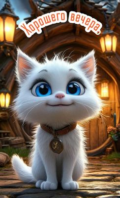 Открытка «Настроение»: Добрый вечер: пушистый кот и пожелание уюта. Тэги: забавный, кот, рисунок, мультяшка, милый…