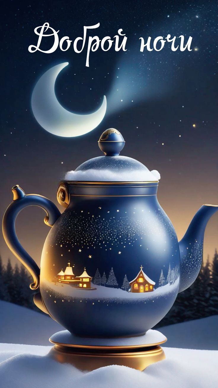 Открытка «Доброй ночи»: Спокойной и доброй ночи: волшебный чайник в снегах.