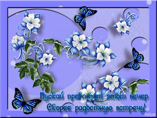 Открытка «Добрый вечер и пожелания»: Добрый вечер: «Бабочки и синие цветы» в подарок. Тэги: Добрый вечер красивые…