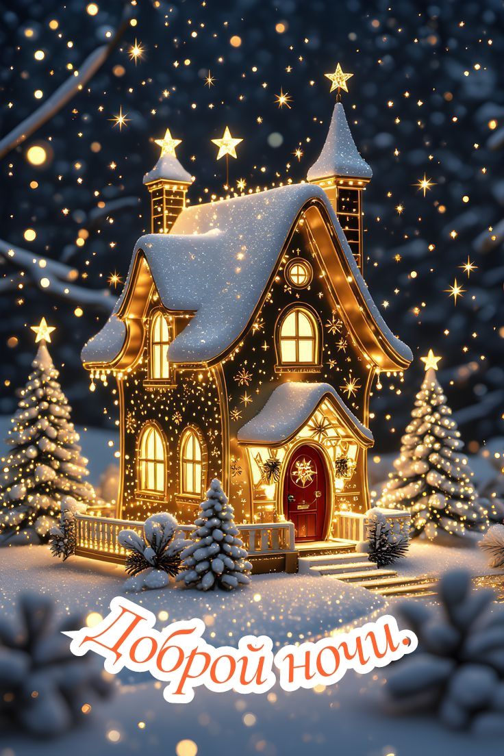 Открытка «Доброй ночи»: Спокойной и доброй ночи: сказочный зимний домик.