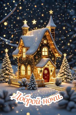 Открытка «Доброй ночи»: Спокойной и доброй ночи: сказочный зимний домик.