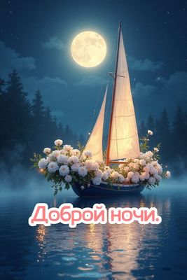 Открытка «Доброй ночи»: Спокойной и доброй ночи: лодка с цветами в лунном свете.
