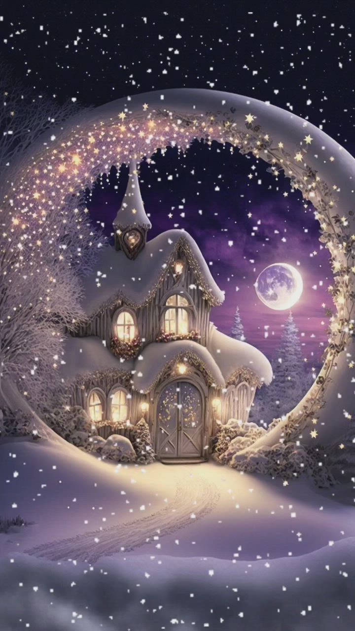 Открытка «Доброй ночи»: Сказочной доброй ночи: зимний домик и луна. Тэги: Спокойной ночи, Спокойной ночи, красивые…