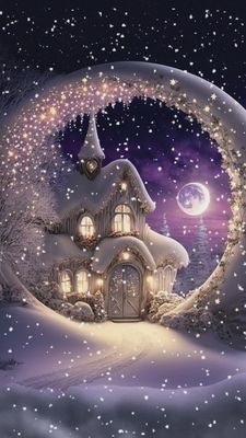 Открытка «Доброй ночи»: Сказочной доброй ночи: зимний домик и луна. Тэги: Спокойной ночи, Спокойной ночи, красивые…