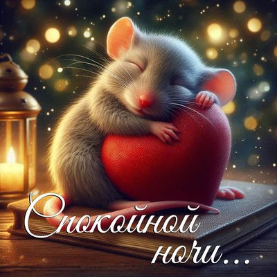 Открытка «Доброй ночи»: Спокойной ночи: милый мышонок с сердцем на книге. Тэги: Спокойной ночи, пожелание, настроение…