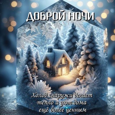 Открытка «Доброй ночи»: Доброй ночи: уютный дом в ледяном кристалле. Тэги: Спокойной ночи, Спокойной ночи, красивые…