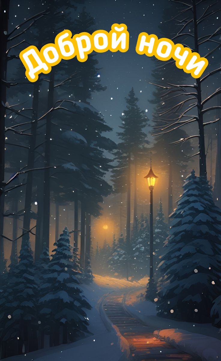 Открытка «Доброй ночи»: Доброй ночи: зимний лес и теплый свет фонаря. Тэги: Спокойной ночи, Спокойной ночи, красивые…