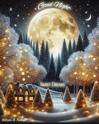 Открытка «Доброй ночи»: Спокойной ночи: зимний домик и огромная луна. Тэги: Спокойной ночи, Спокойной ночи, красивые…