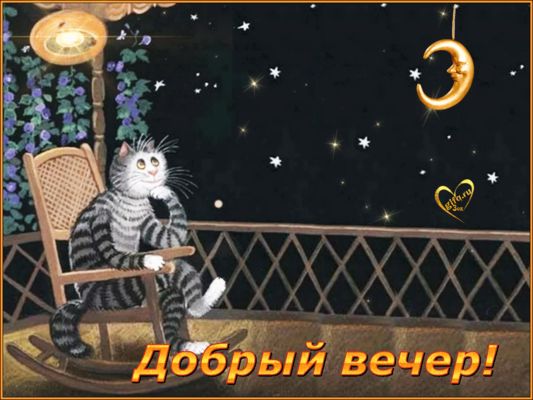 Открытка «Пожелание»: Добрый вечер: Кот в кресле-качалке под звездами. Тэги: настроение, забавный, кот, рисунок…