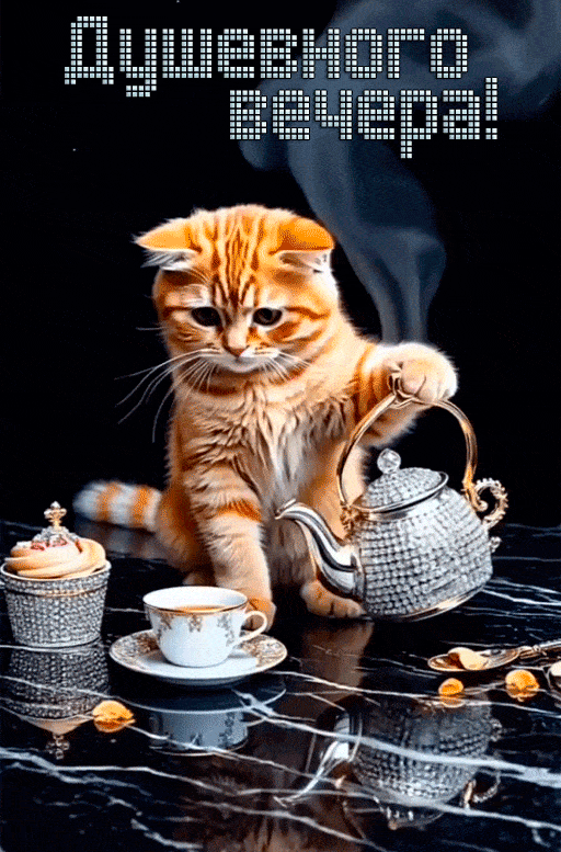 Открытка «Добрый вечер и пожелания»: Добрый вечер: милый рыжий кот и пожелание уюта. Тэги: Добрый вечер красивые…