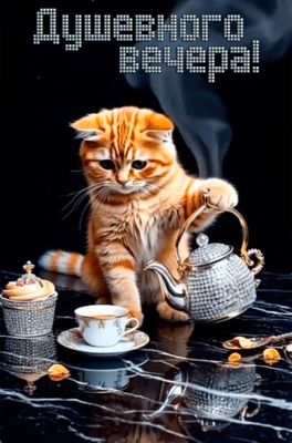 Открытка «Добрый вечер и пожелания»: Добрый вечер: милый рыжий кот и пожелание уюта. Тэги: Добрый вечер красивые…